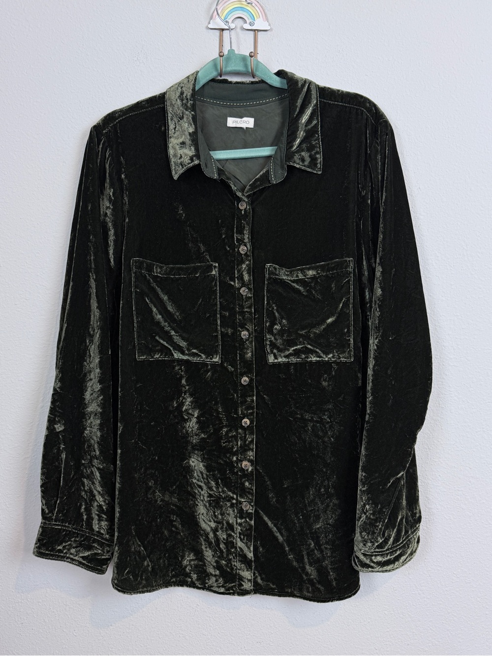 Pilcro Anthropologie Hadley Olive Green Velvet Button-Down Shirt XL